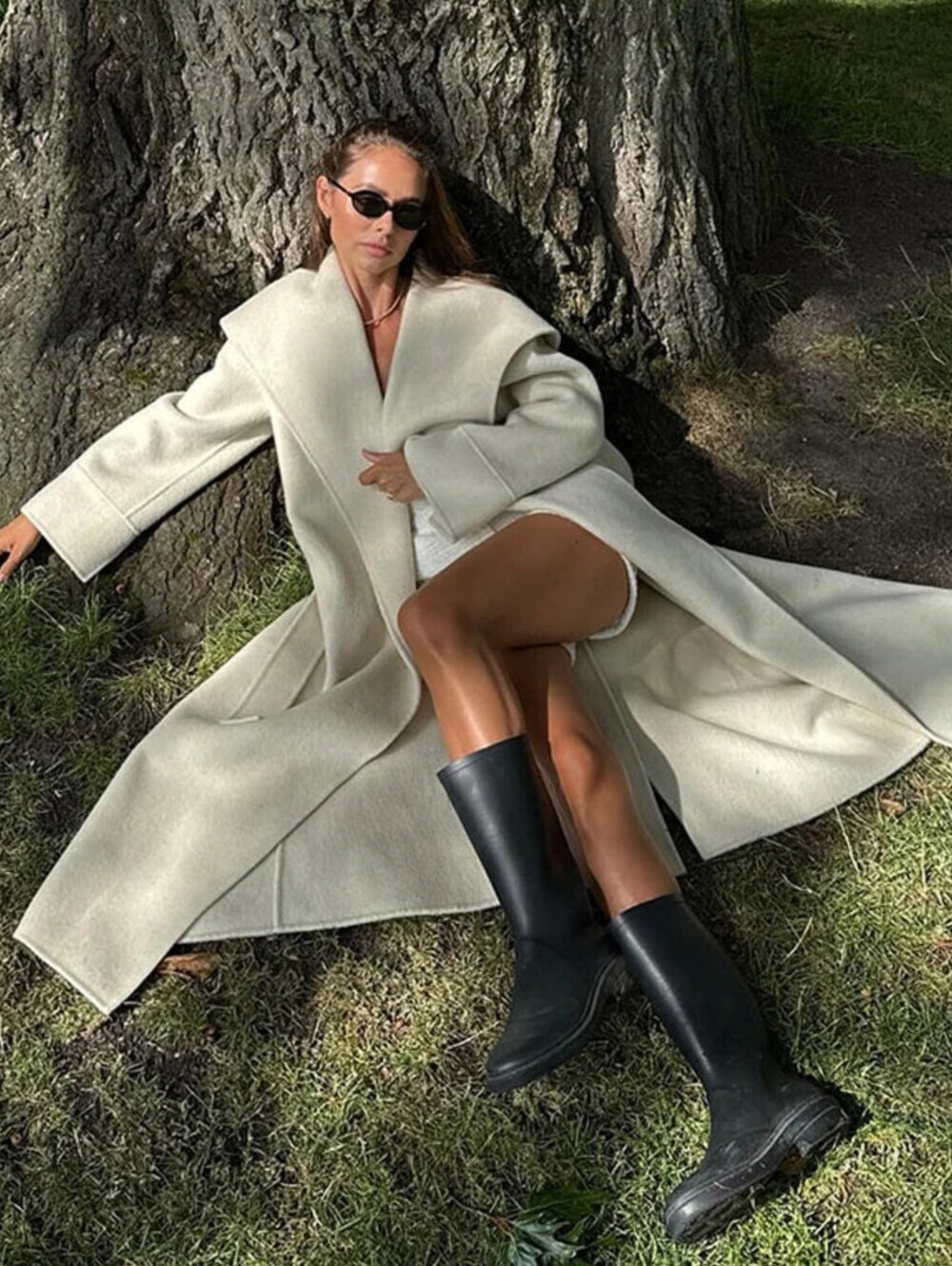 Elegant Women Long Coat Solid Shawl Collar Open Stitch Lace Up Thicken Lady Coat